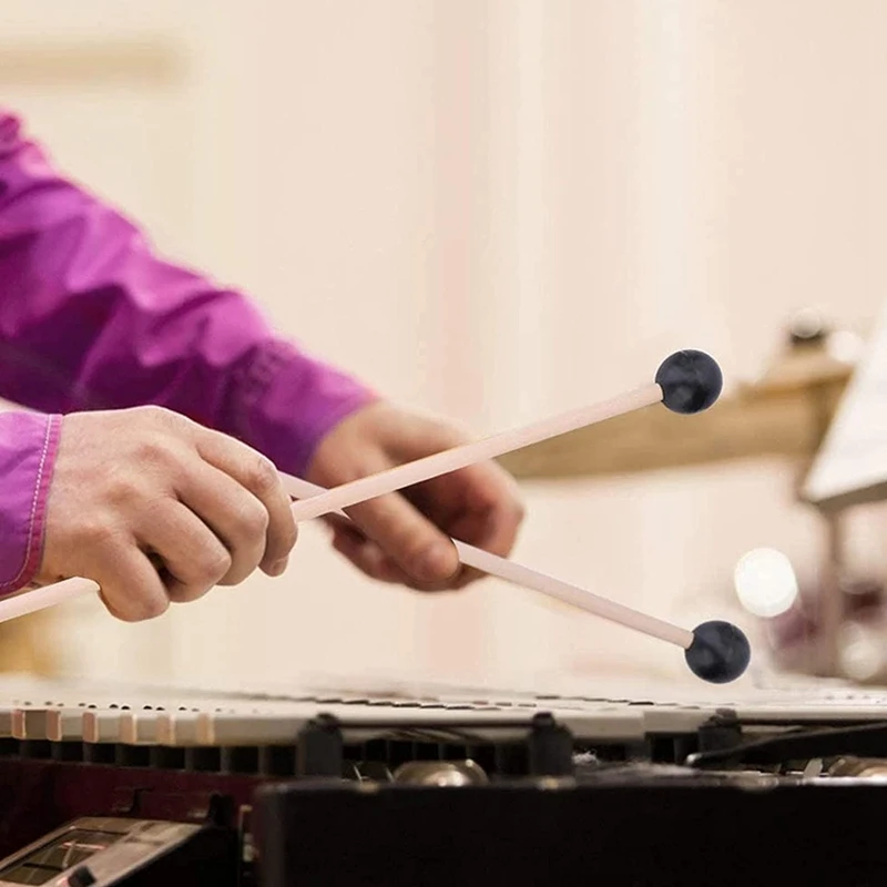 2 Pairs Marimba Mallets Glockenspiel Sticks With Wood Handle Medium Hard Blue Yarn And Black Rubber With Wood Handle