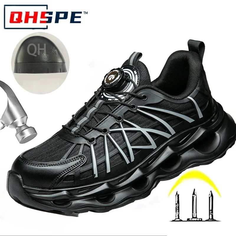 

New Button Labor Protection Shoes with Rotating Buttons Lightweight Anti Smash Anti Puncture Fly Woven Safety Shoes Work Shoes
