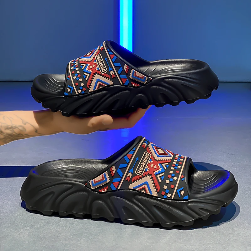 

Summer new men's breathable casual slippers fashionable printed fabric slippers outdoor thick soled comfortable walking slippers