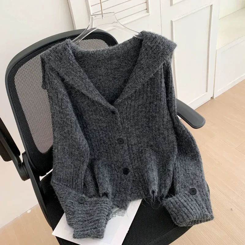 

Cardigan Design Loose Lazy Knit Top Jacket Navy Streamer New Sweater Lapel Autumn