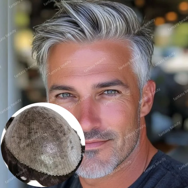 أبيض رمادي بني أسود الرجال 1B50 1B65 1B80 خصلات الشعر المستعار الإنسان دائم 0.1 مللي متر كامل نظام الجلد رقيقة الشعرية الاصطناعية شعري #1