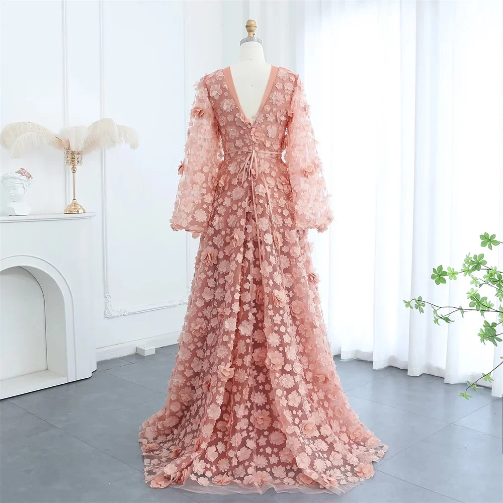 Customized Saudi Arabia Prom Gown Formal Evening Dearin V-neck A-line Floor Length Skirts Flower Bespoke Occasion