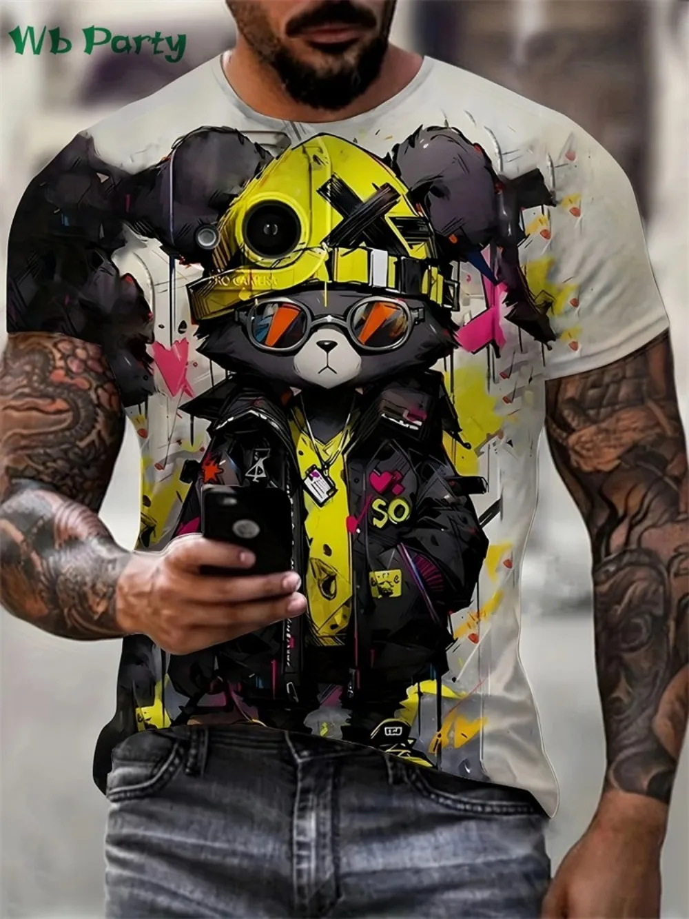 Camiseta de cuello redondo suave y transpirable con estampado de dibujos animados para hombre, top informal urbano para exteriores, moda de verano, superventas