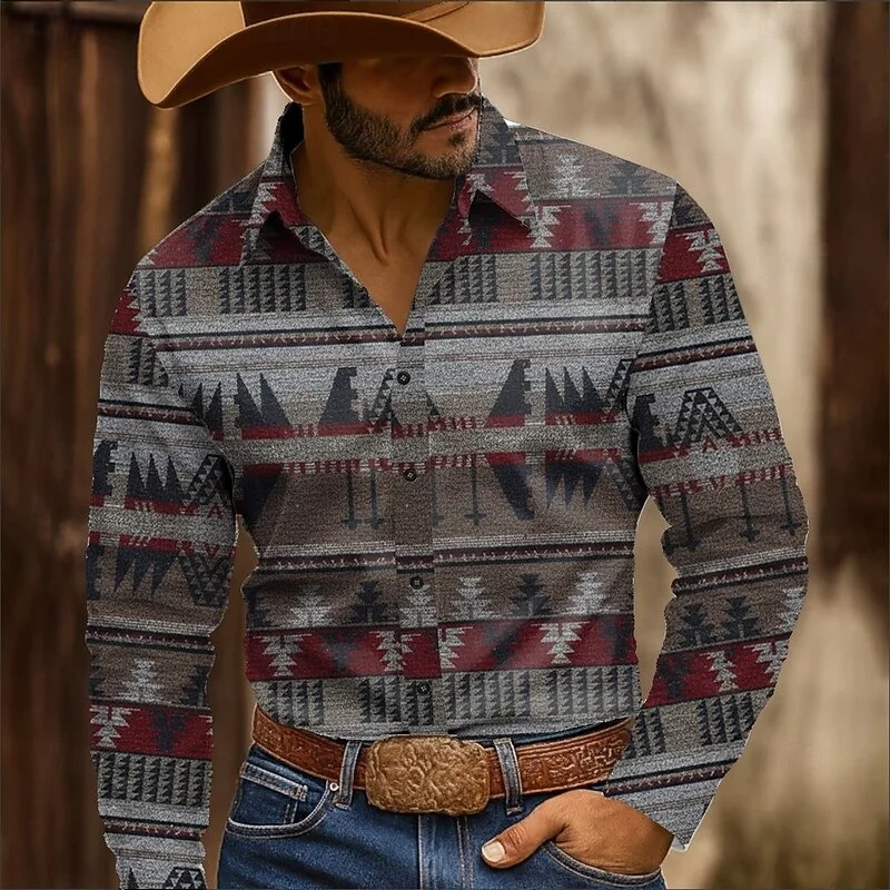 Men's retro ethnic long sleeved shirt Western denim 3-print shirt Men's fashionable casual formal shirt Button up shirt