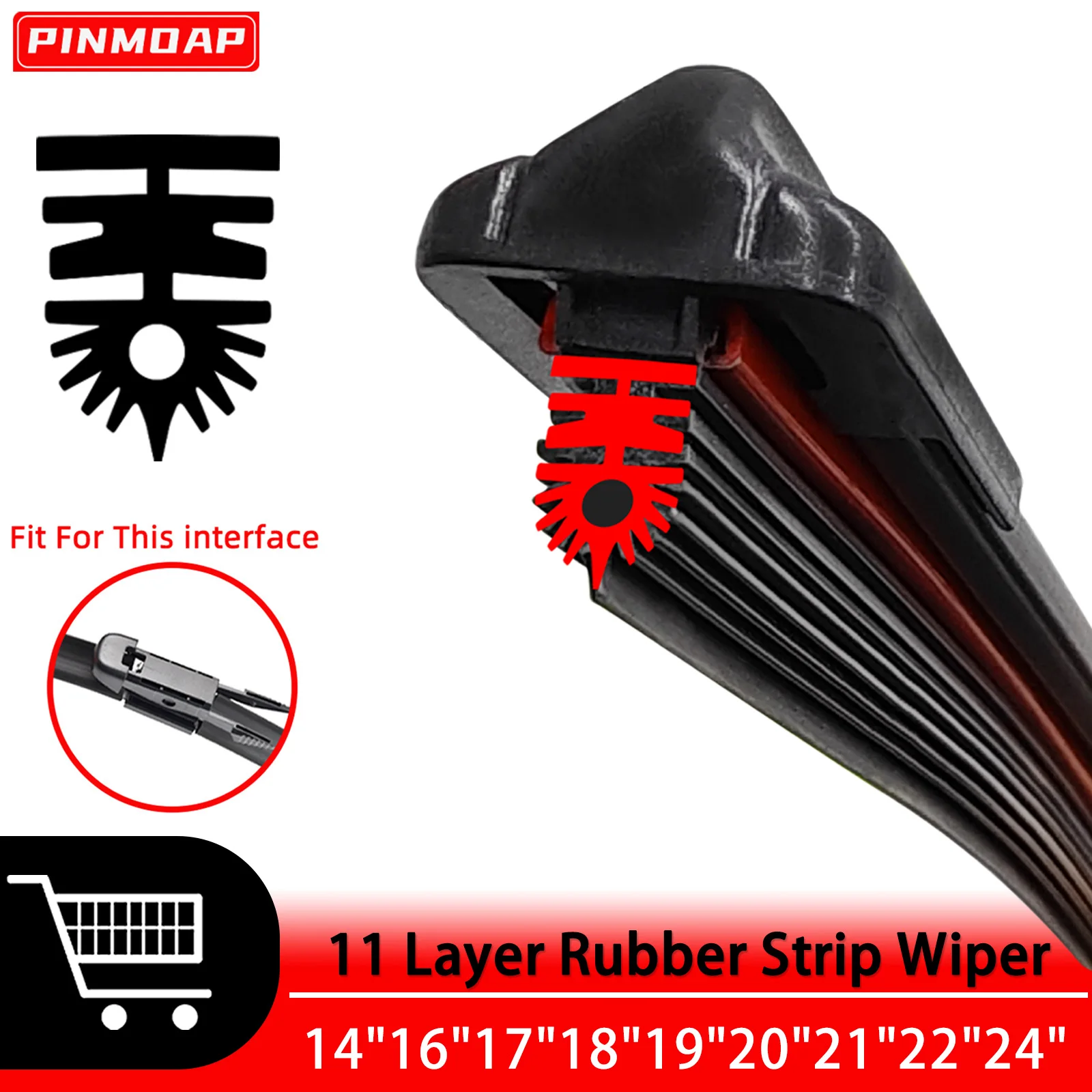 PINMOAP 11-lagiger Gummistreifen, Autowischer, geeignet für Pinch Tab 14 Zoll, 16 Zoll, 17 Zoll, 18 Zoll, 19 Zoll, 20 Zoll, 21 Zoll, 22 Zoll, 24 Zoll, 26 Zoll, leiser Wischer, Naturkautschukstreifen