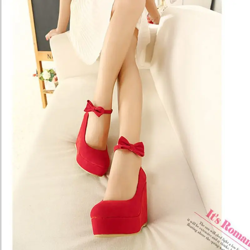 New Wedges Pumps Classical Women High Heels Wedged Shoes Platform Heel 10.5cm Sexy Ladies Strap Bowtie Autumn Casual Shoes