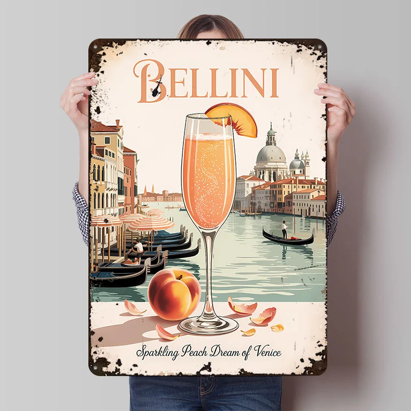 Póster Metálico de Bellini Cocktail en Venecia, Arte de Pared Personalizado, Letreros Metálicos Retro Vintage para Decoración de Cuarto de Hombre, Letrero de Metal para Dormitorio