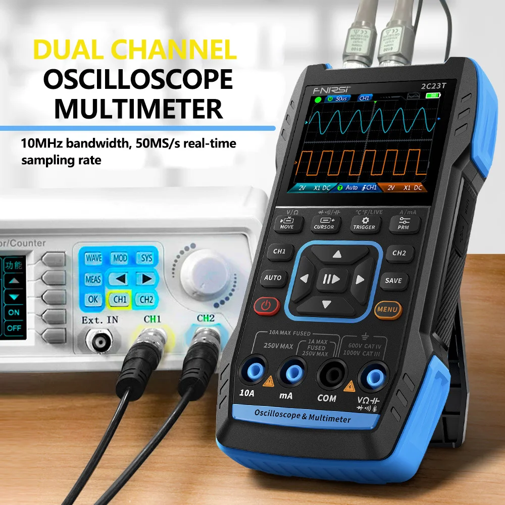 2C23T 3 in 1 Oscilloscope Multimeter Function Signal Generator Dual Channel 10Mhz 50MSa/s 9999 Count Smart Professional Tester