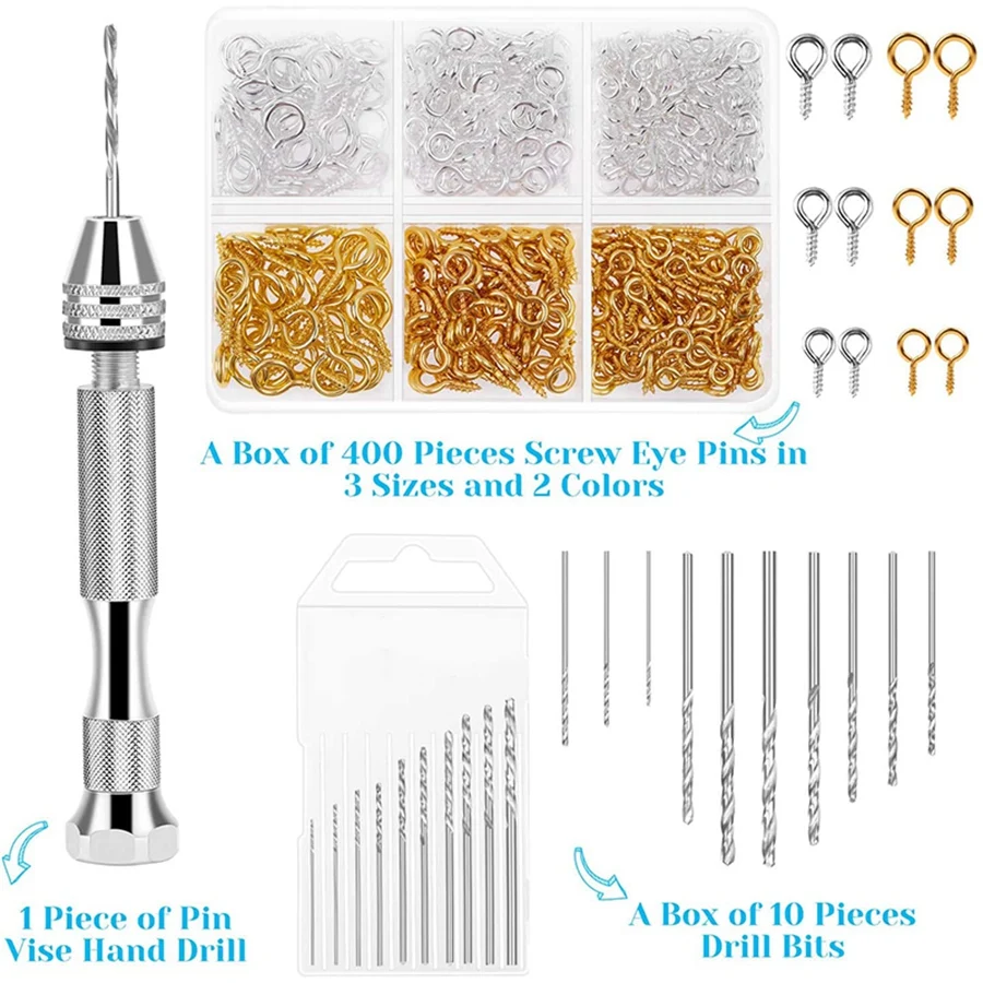 Resin Tools Kit with 1Pcs Pin Vise Hand Drill 10Pcs Drill Bits and 400Pcs Screw Eye Pins for DIY Keychain Pendant Making