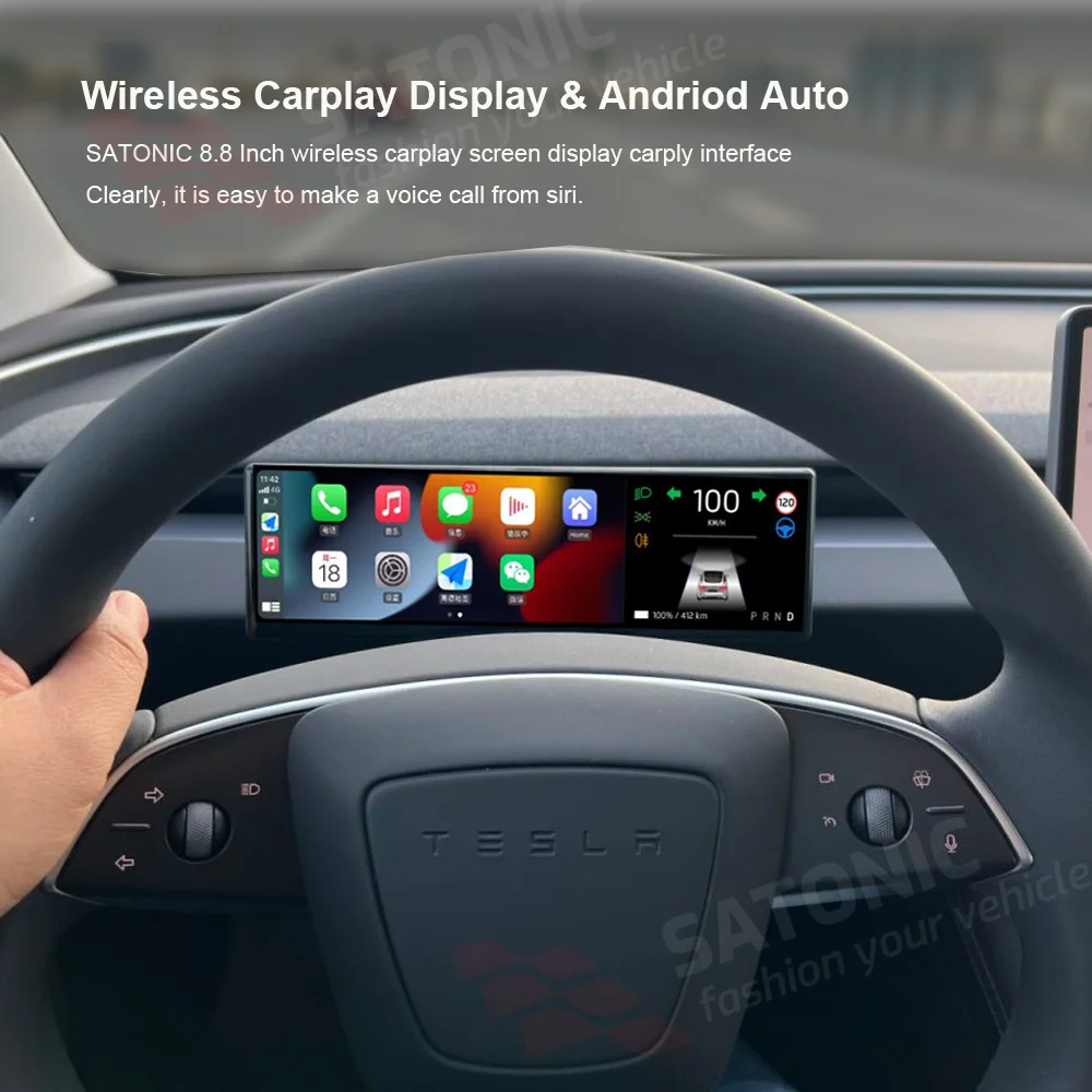 Satonic 8.8 Polegada tela de painel carplay sem fio para tesla modelo 3 & y suporte sem fio carplay alça capa tipo câmera livre