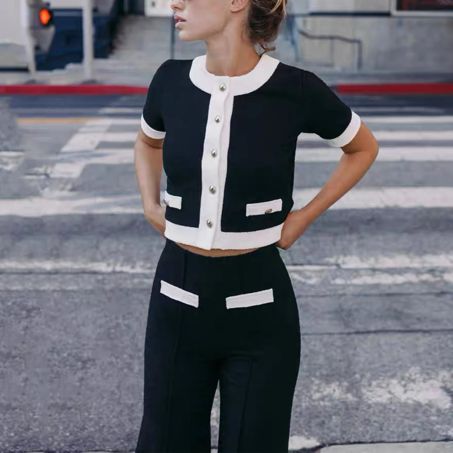Z 2025 New Faion round Ne ort Sve Outerwear And High Waist Pants Women's Sli Set High Waist European Sle ...