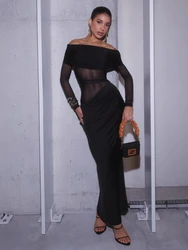 Sexy Off Shoulder Mesh Dress Women American Fashion Patchwork Slim Midi Dress Summer See Through Long Sleeve Party Vestidos