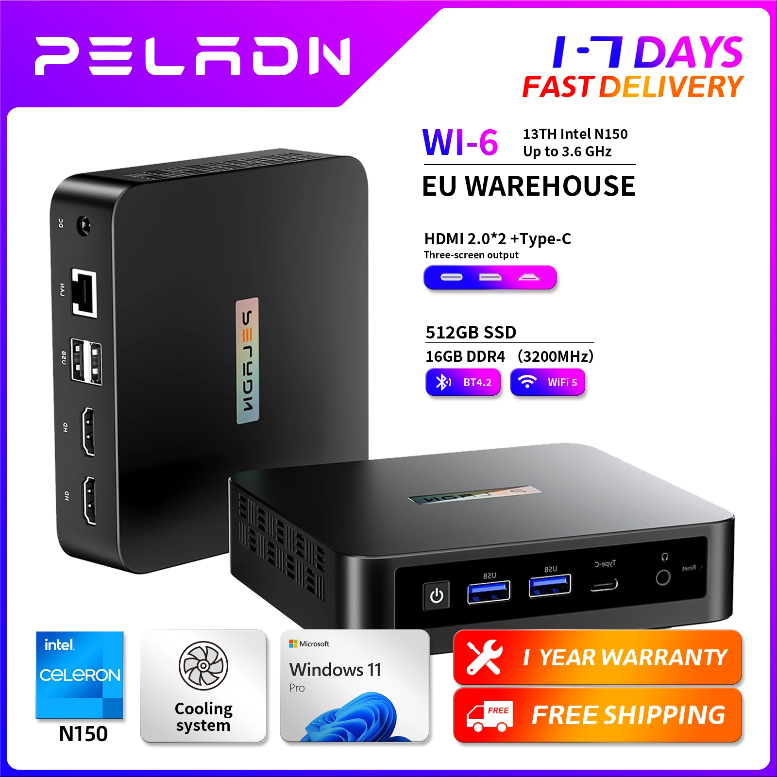 PELADN WI-6 Mini-PC, Intel Twin Lake N150 (Upgrade N100), 16 GB DDR4/512 GB SSD WiFi5 4K/60 Hz Dreifach-Display USB3.2/BT4.2