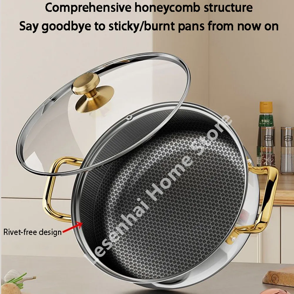 30cm Stainless Steel Soup Pot Wok Non-stick Honeycomb with lid Household Hot Pot Frying Pan Induction Cooker Gas Stove Universal