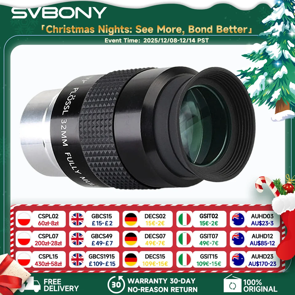 

Окуляр SVBONY 1,25" (PLOSSL) Телескопический окуляр PL 6/12/17/25/32/40 мм 4-элементная конструкция Поле зрения 48 градусов SV131