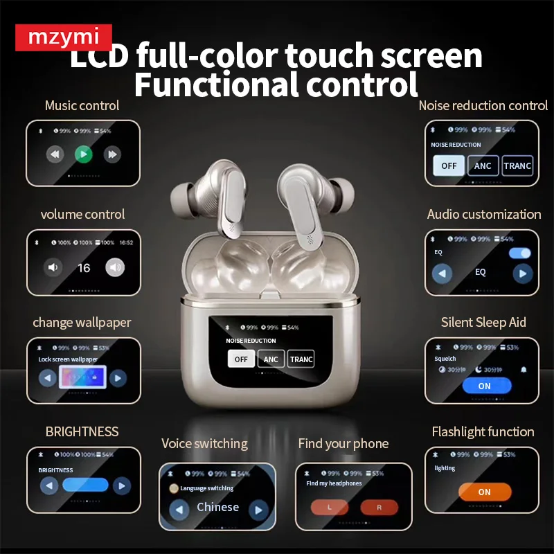 mzymi V8 PRO ANC+ENC Wireless MP3 Earphones Bluetooth Headset LCD Full Smart Touchable Screen Comes With 8GB Of RAM For XIAOMI