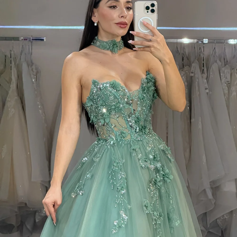 Amanda Customized Green Sequins Strapless A-line Prom Dresses Mesh Fabric vestidos de noche Floor-Length Formal Evening 2025 image 2