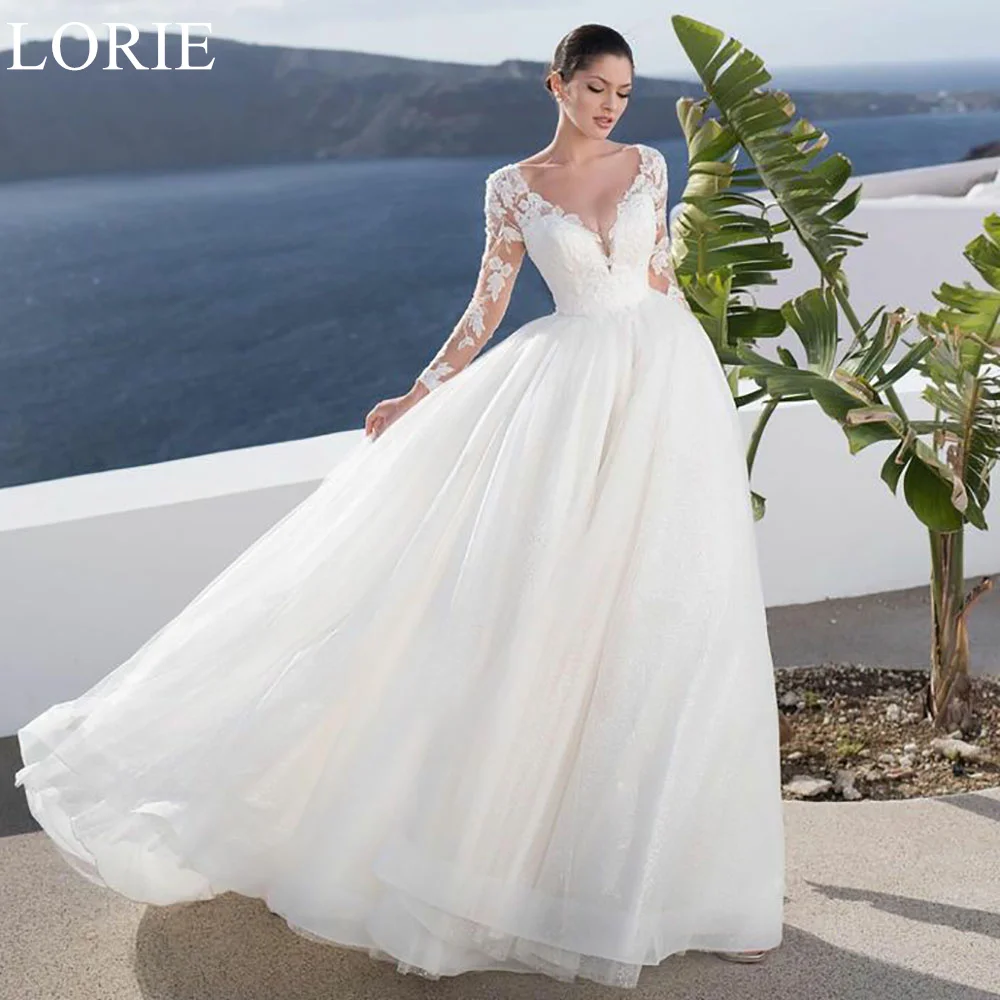 

LORIE BOHO Deep V-Neck Tulle Wedding Dresses A-Line Long Sleeves Lace Appliques Ball Gowns 2024 Beach Bridal Dress Open Back