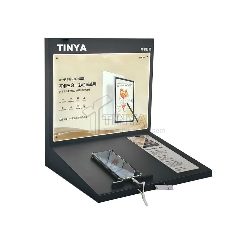 custom.New Design Angled Display Rack Replaceable Poster Phone Display Stand  with Charging Port