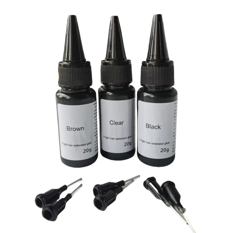 Le paquet de perruques UV de 20g de couleurs noir, transparent et brun comprend de la colle pour extensions de cheveux Pilot