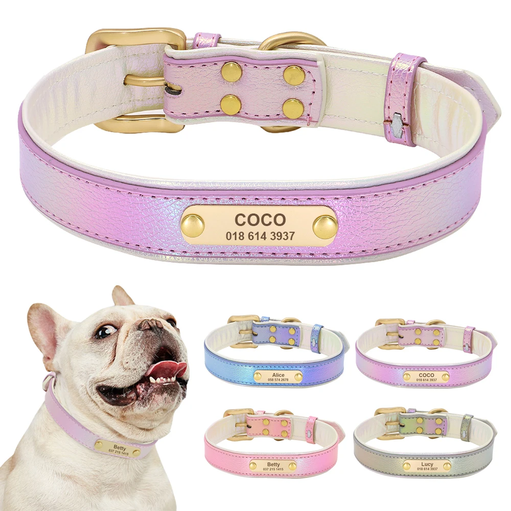 Personalized Dog Cat Collar PU Leather Puppy Cats ID Collars With Name Tag Nameplate Adjustable for Small Medium Dogs Pitbull