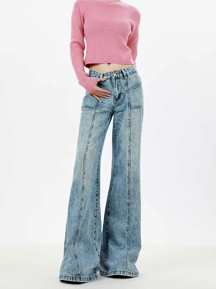 

Женские расклешенные джинсы, корейские мешковатые американские ретро синие отбеливающие джинсовые брюки Y2k, японский стиль 2000-х годов, Харадзюку, расклешенный низ, гранж-панк