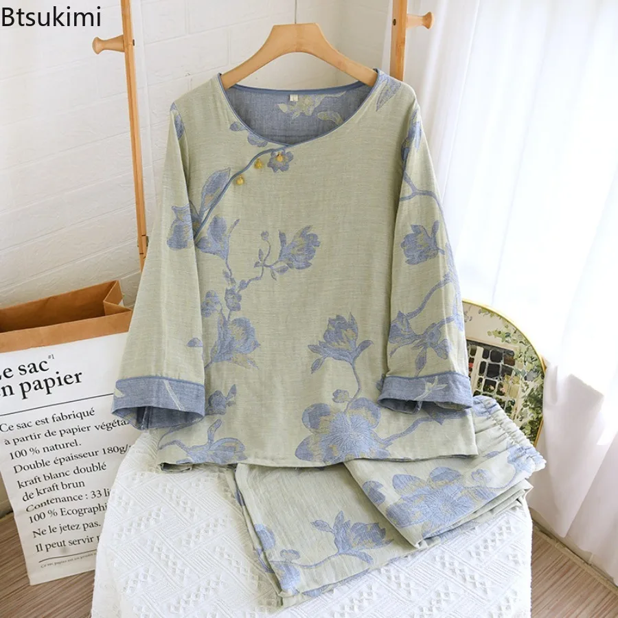 Women's Pearl Button Jacquard Chinese Style Pajama Sets Spring Autumn Thin Round Neck Home Suit Set Nightie Home Wear Outerwear
