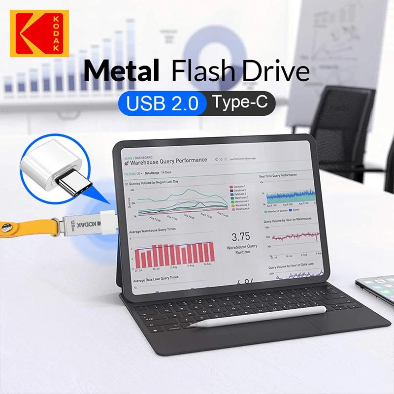 KODAK USB2.0 PenDrive 16GB 32GB 64GB 128GB K122 Kim Loại Đèn LED Cổng USB OTG Đĩa Nhớ Chuyền + Loại-C Adapter