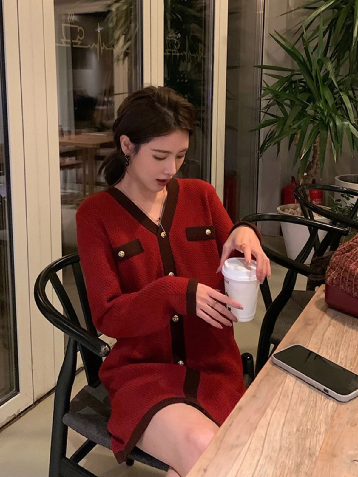 

Красное свадебное платье в корейском стиле с высокой талией, А-силуэт, длинное, с V-образным вырезом, для помолвки, для подружек невесты, осень-зима