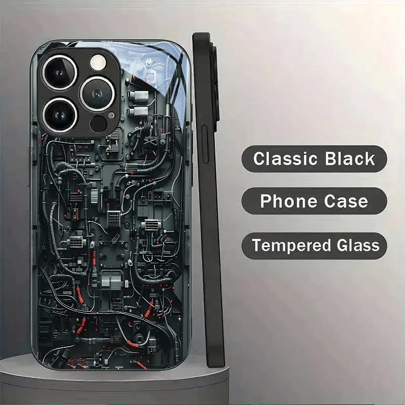 Kreatives Mechanisches Schaltkreis-Design Gehärtetes Glas Handyhülle für iPhone 18 17 16 15 14 13 12 11 Pro Max 17Air 16E 7 Plus XR XS X Cover – Detail 1