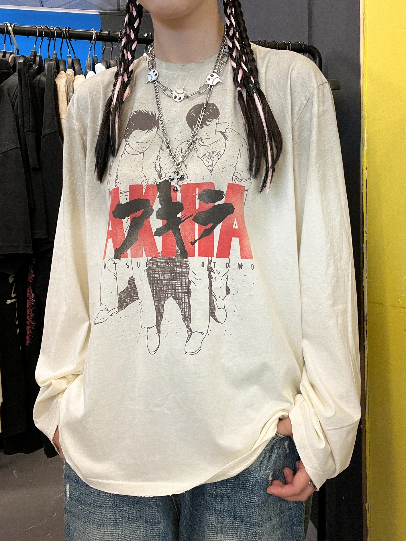 Heavyweight Long Sleeve T-Shirt Anime Akira Creative Design Vintage Style by Wang Studio Fashionable Casual Wear for Men