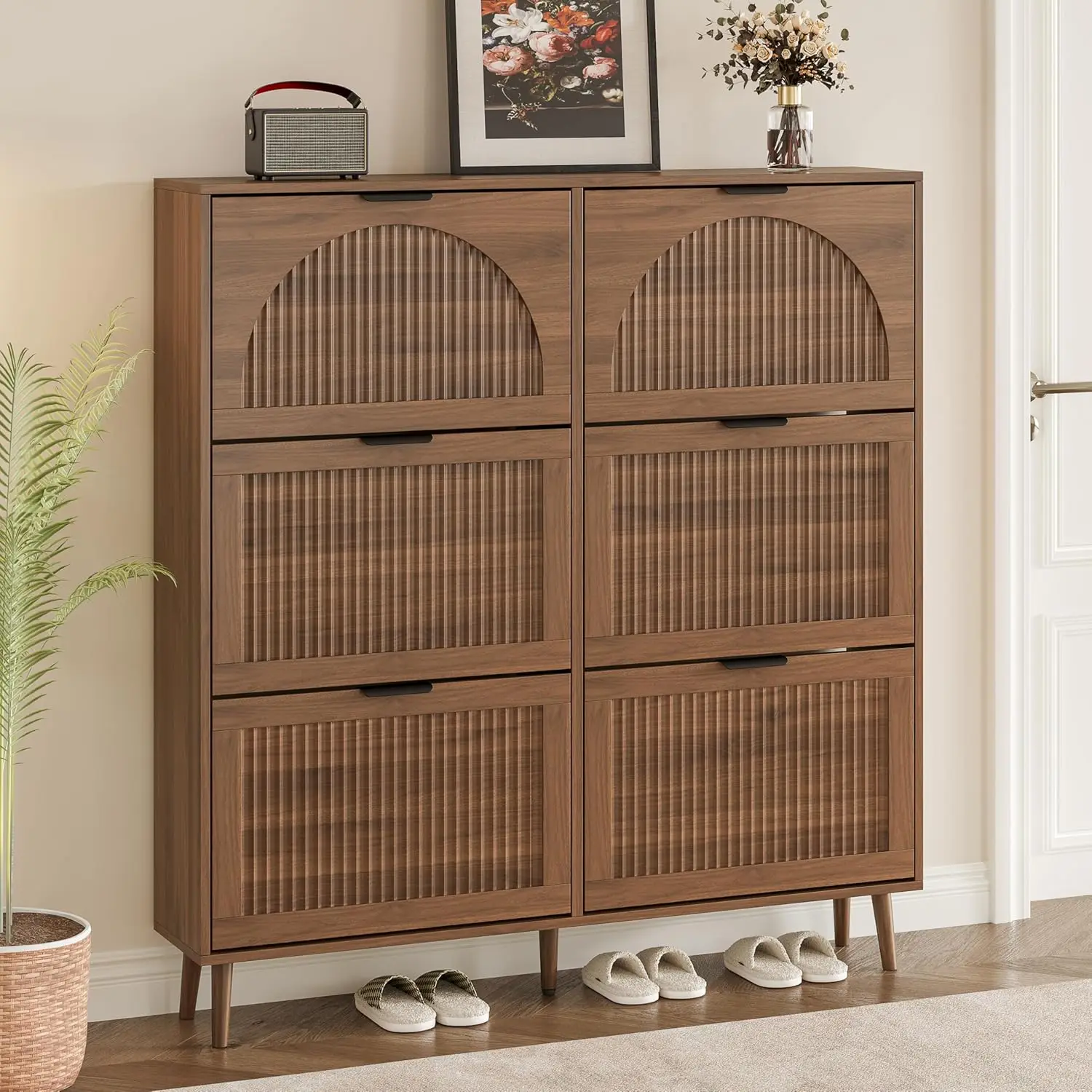 

Slim Entryway Shoe Cabinet with 6 Flip Drawers, Modern Fluted Design, Hidden Storage for Hallway or Foyer