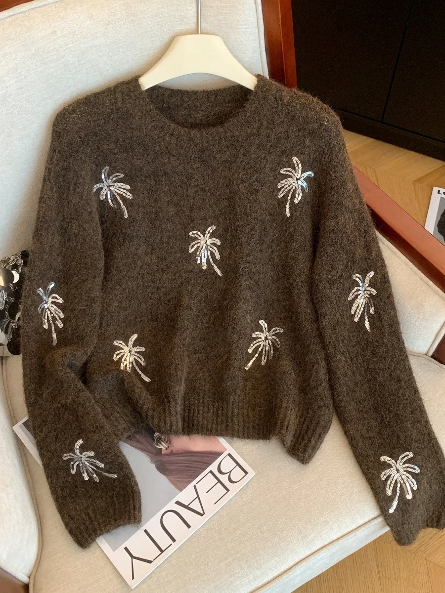 

Retro Glitter round Ne Knitted Sweater Women's Loose Slimming Faionable Autumn Winter New Sle Comfortable Cotton Knitwear