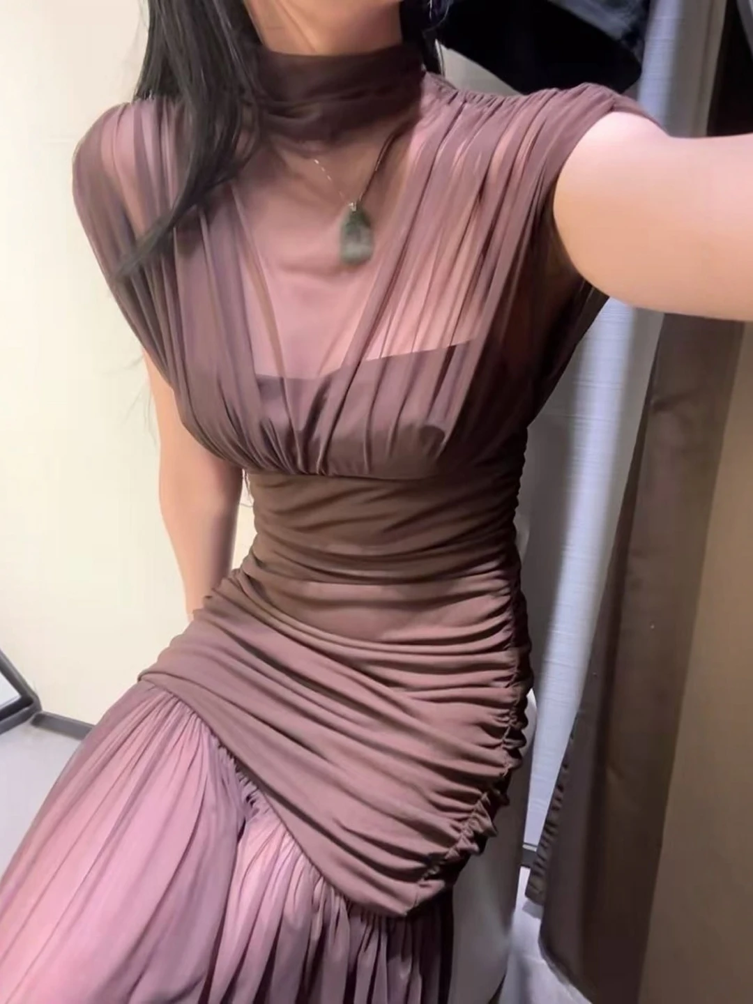 Double Layer Silk Mesh Draped Dress Casual Style Women's Skirt Three Quarter Sleeve Half High Collar Bicolor Splicing Dress