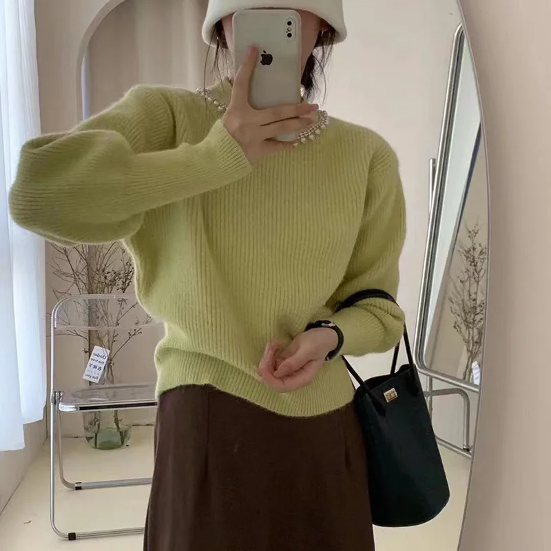 

Korean Sle Heavy Work Celebri Diamond Embedded round Ne Lantern Sve Knitted Sweater Versatile Women's Faion Autumn...