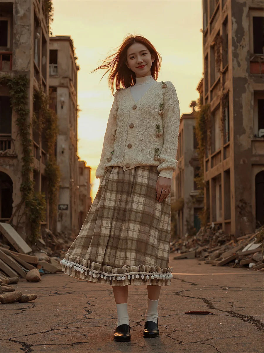 チェック柄ミディスカート レディース コットン 流れるようなパッチワーク エレガント シック フリル カジュアル シンプル ハイウエスト 快適 アップリケ