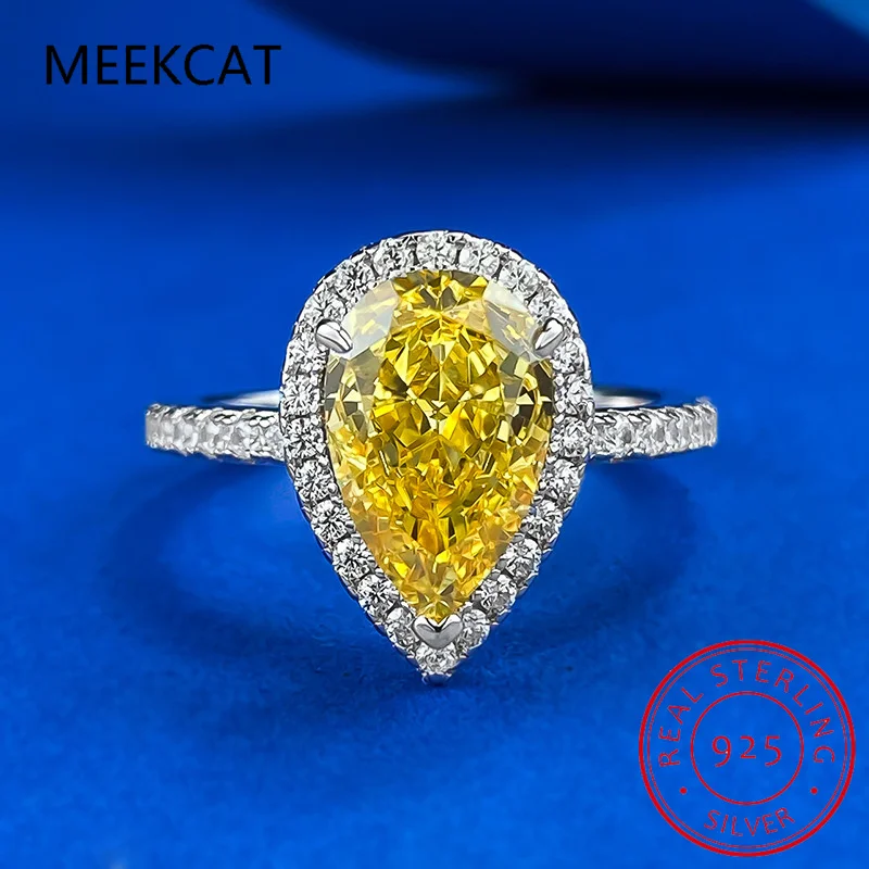 

925 Sterling Silver Water Drop Cut 10*17MM Citrine High Carbon Diamond Wedding Band Fine Jewelry Ring for Women Gift