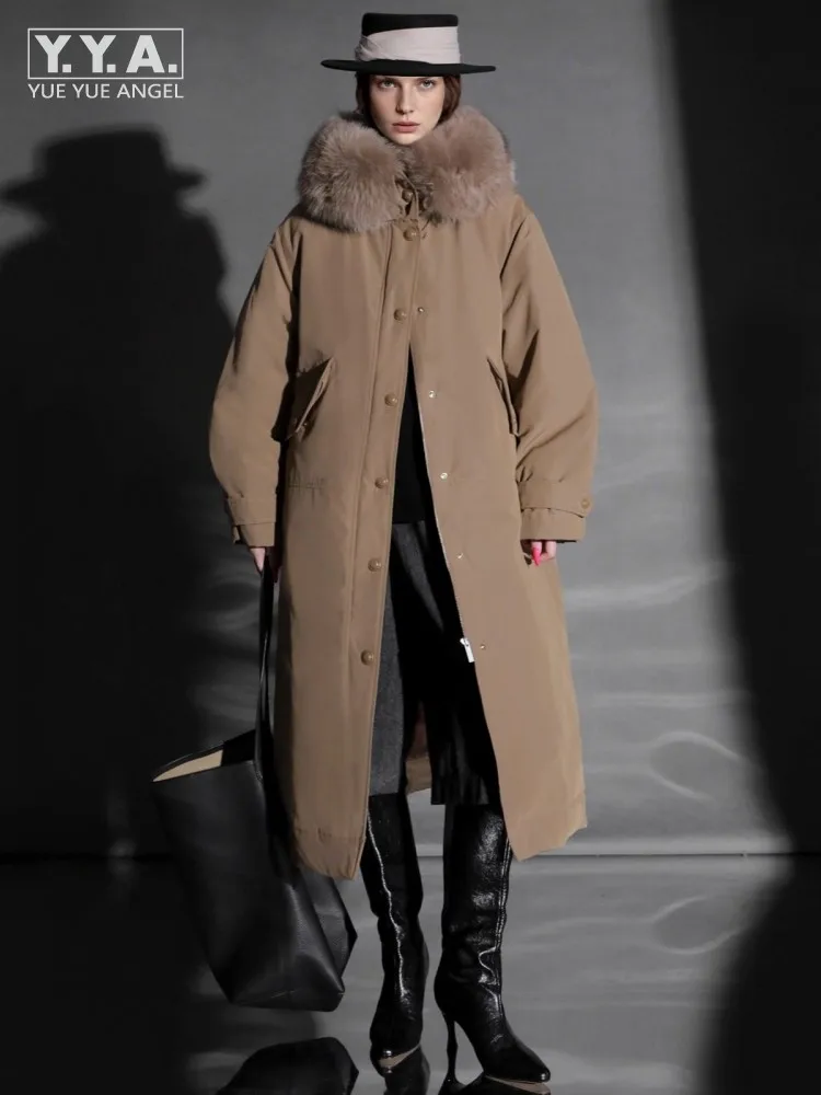 Winter Women Hooded Coat Single Breasted Medium Long Casual Overcoat High Street Fashion Goose Down Warm For Collar Cargo Jacket