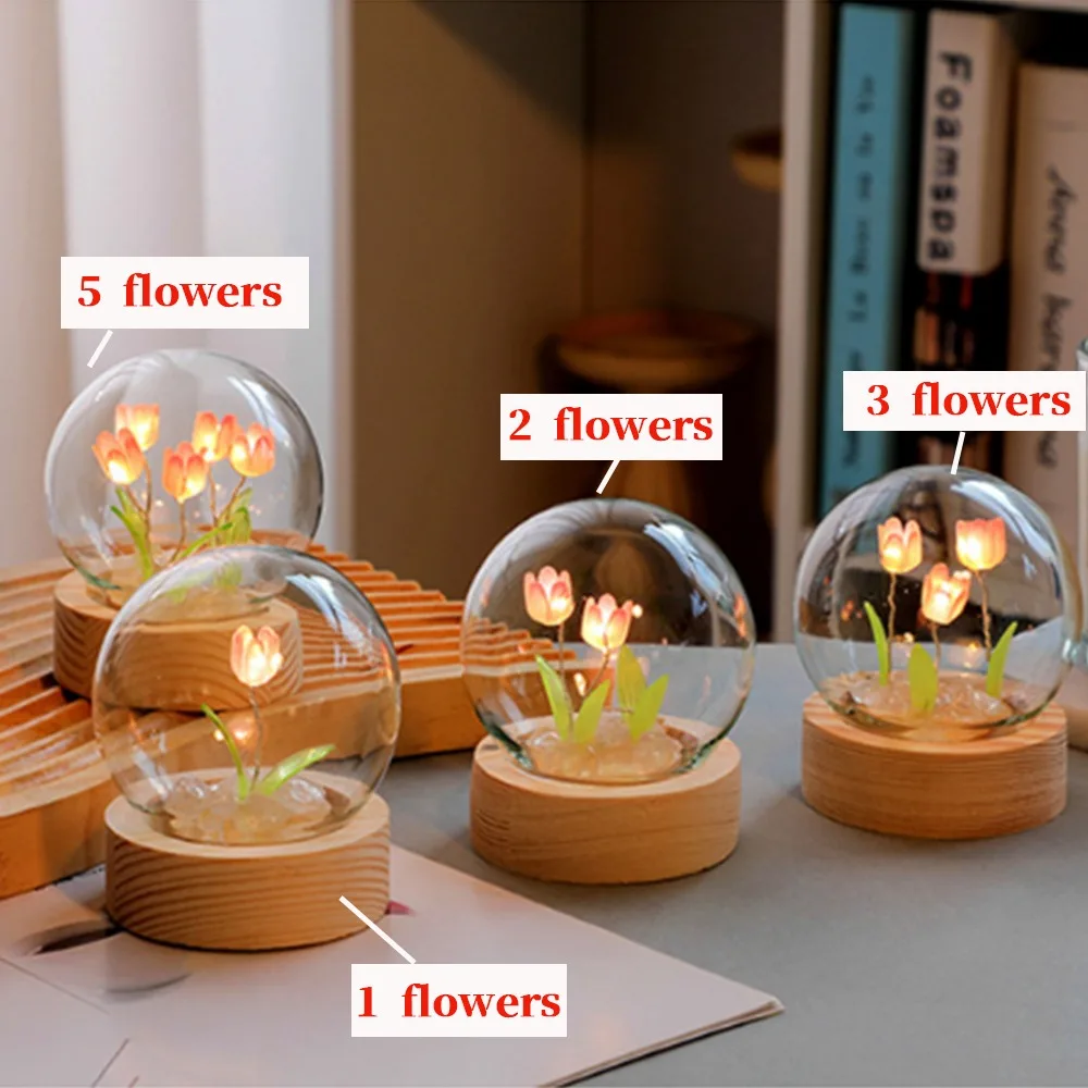 Tulip Night Light Cute Bedroom Room Decor Floral Lamp Valentines Day Gift Lampara Tulipanes Girlfriend DIY Material Handmade