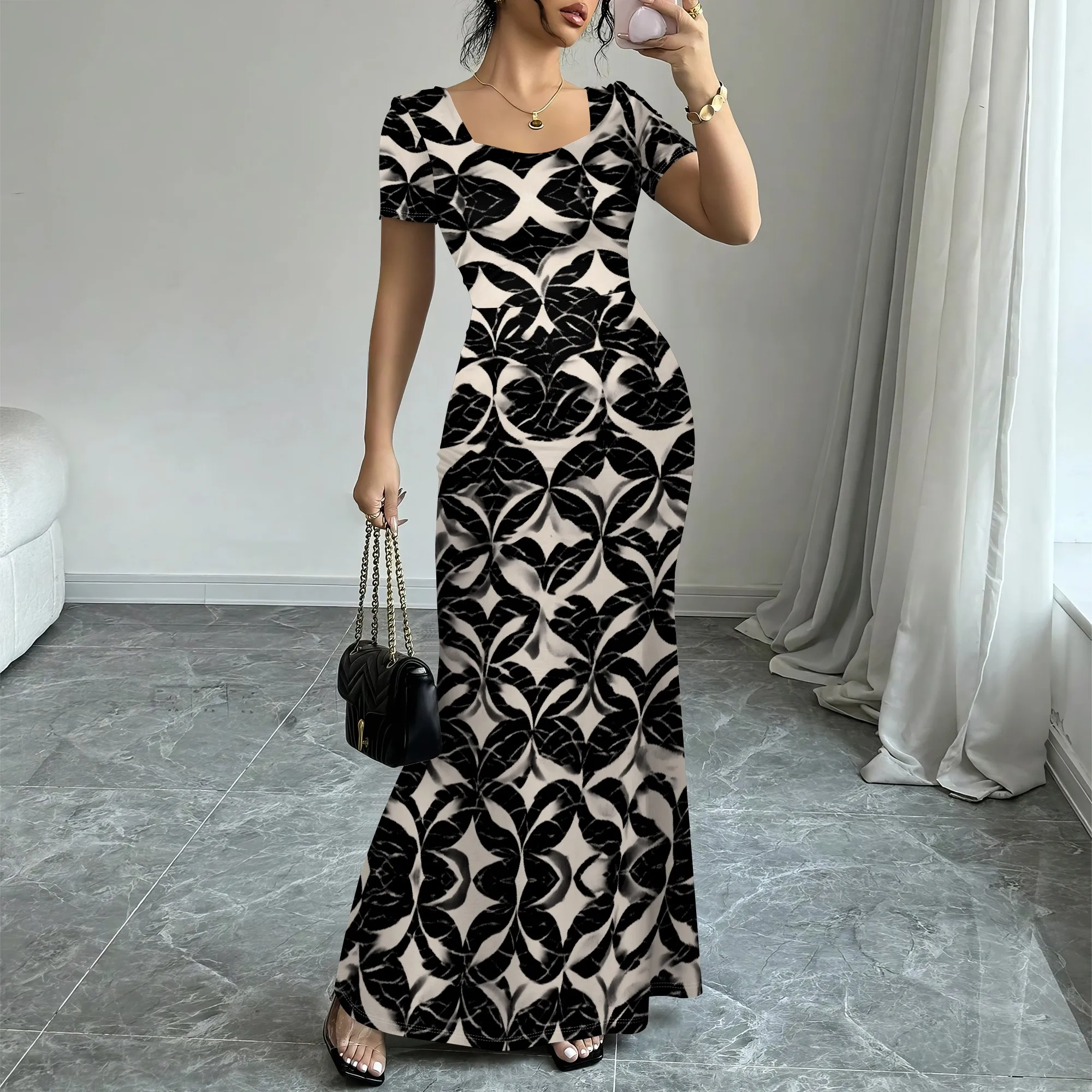 

Women's Square Neck Short Sleeve Maxi Dress Black White Geometric Print Elegant Evening Party Gown XS-3XL