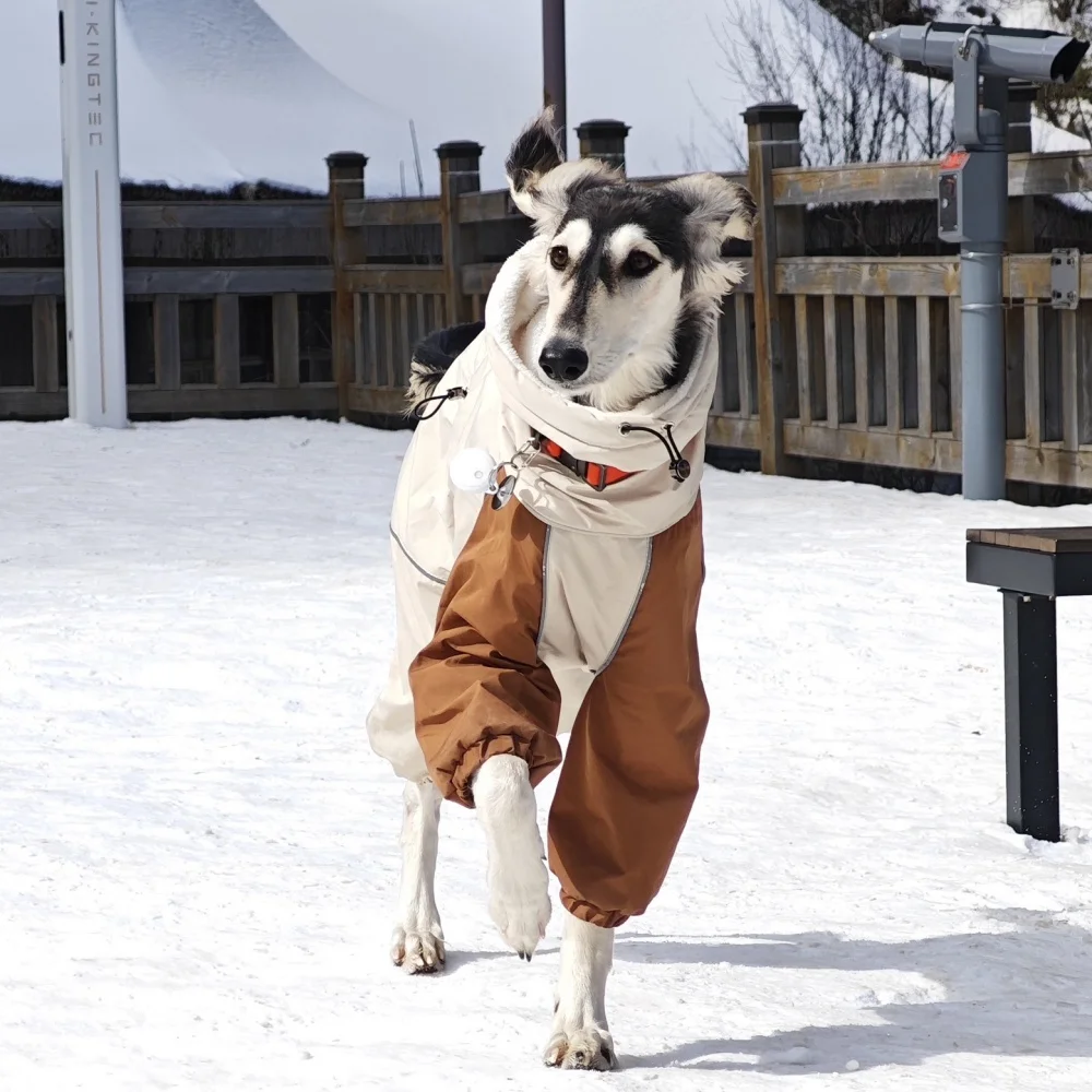 Hundekleidung im Winter, Schnee, Wetter, verdickter Plüsch, 4-beinige Khaki-Jacke, winddichter, wasserdichter, warmer Mantel für Italien, Windhund, Huibit – Detail 6