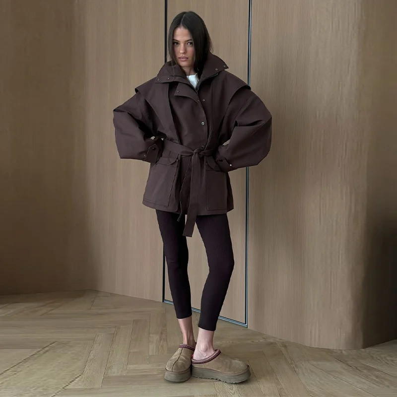 Damen-Windbreaker mit Revers und Schnürung, einreihiger Trenchcoat für Frühling und Herbst, langärmelige, schmale Jacke, neue Oberbekleidung – Detail 15