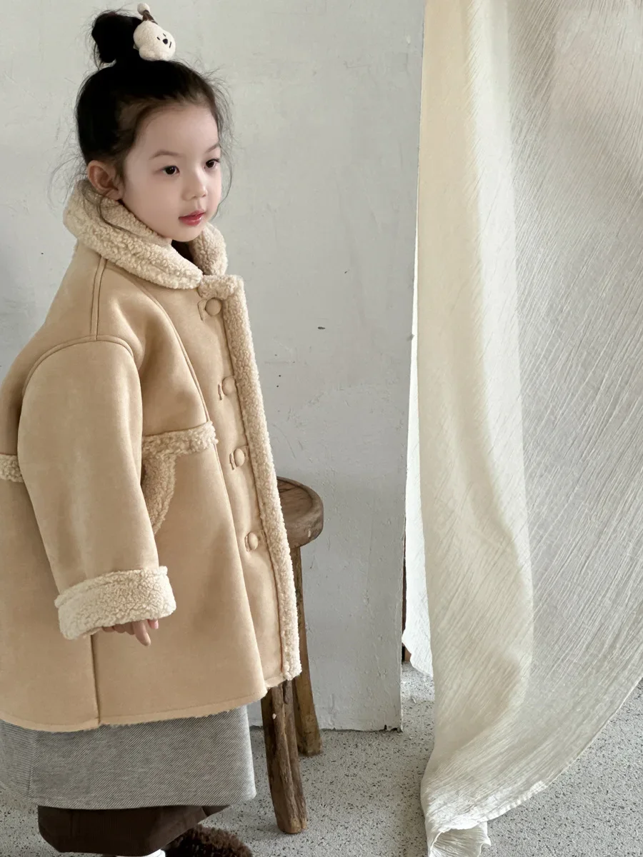 女の子のための厚い中型の長い暖かいコート,子供服,韓国スタイル,外国の毛皮,カジュアル,シンプル,冬,新しい,2021