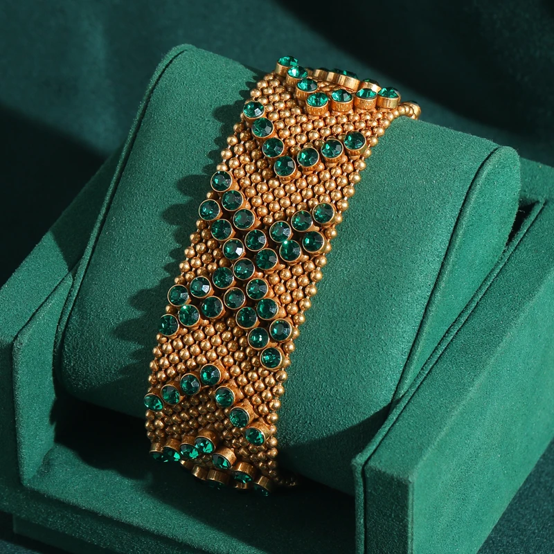 

Vintage Green Rhinestone Bracelet 18k Gold Plated Beads Wide Watches Luxury Dubai Jewelry Designers Christmas Accessories 2025