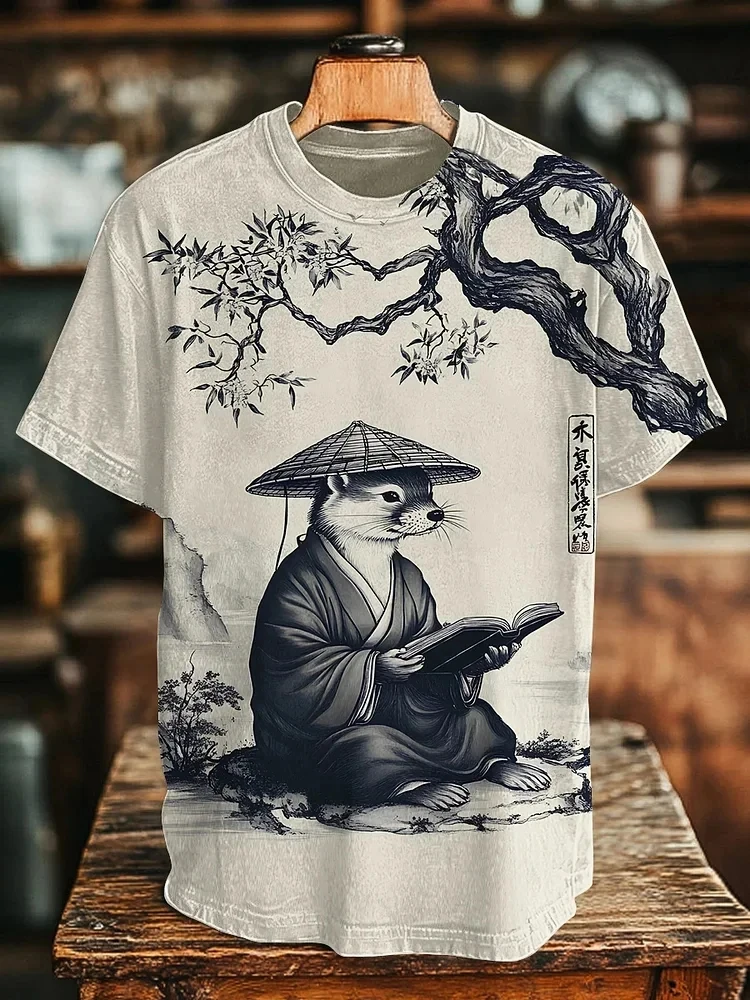 Men's Summer Animal Print Crew-Neck T-Shirt Simple Stylish and Trendy Short-Sleeve Top Breathable and Comfortable Men's Top