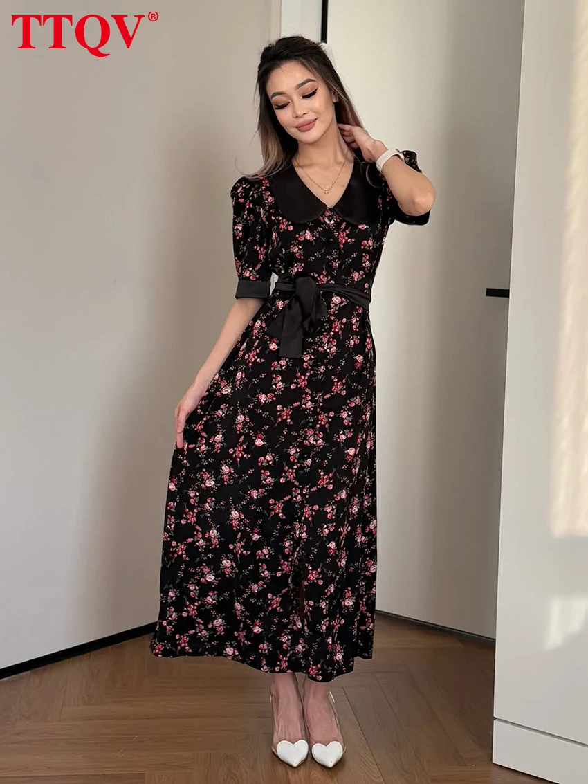 

TTQV Summer Loose Print Women's Dress 2026 Sexy Lapel Short Sleeve Ankle Length Dresses Elegant Classic Lace-Up Female Dress