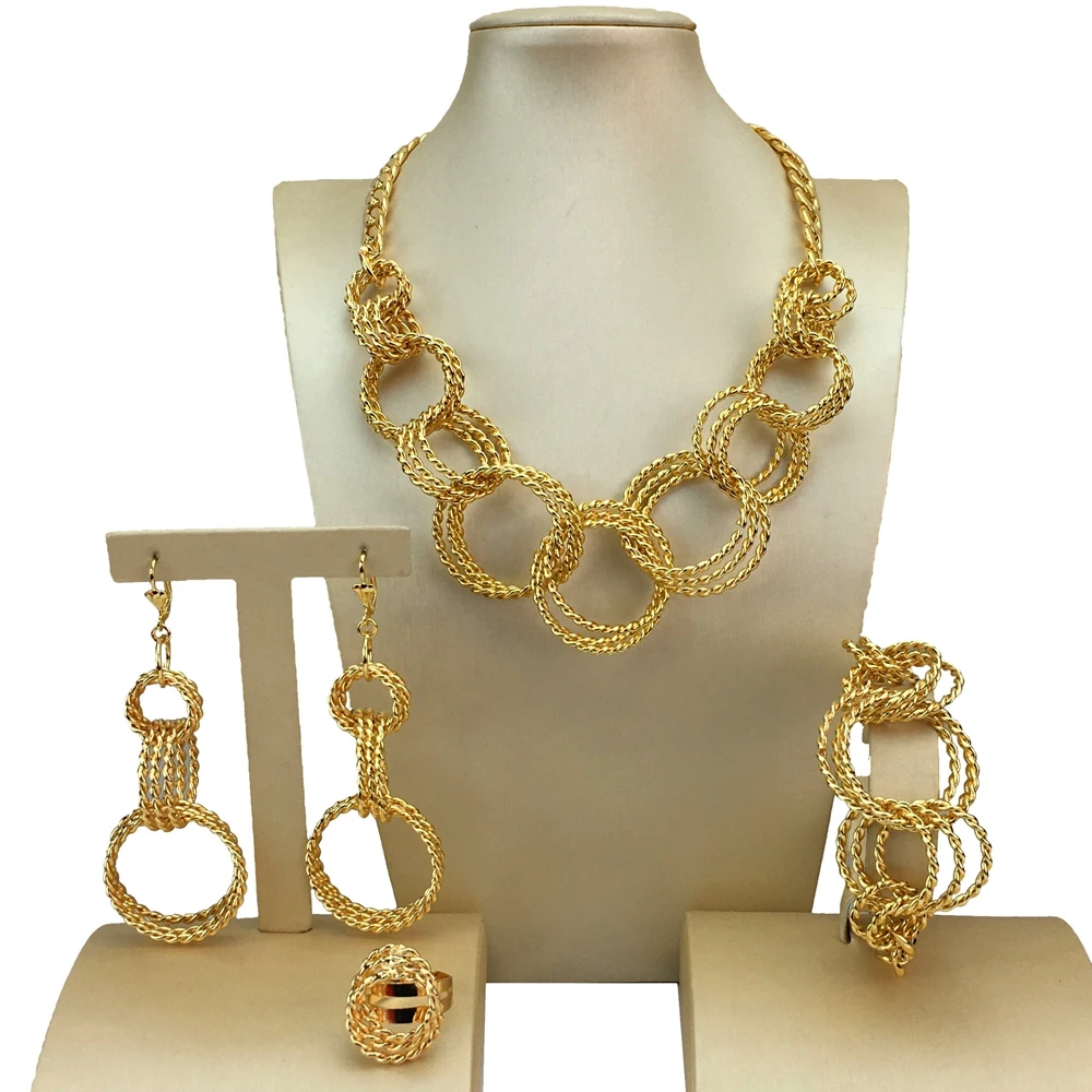 Imagem -02 - Yuminglai-dubai Gold Color Conjunto de Jóias para Mulheres Banhado a Ouro 24k Luxo Jóias Brasileiras Colar Brinco Pulseira Anel Fhk17133