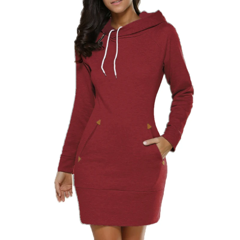 Fashion Autumn and Winter Women\'s Short Hoodie Slim Fit Dress Solid Color Hoodie Dress Women\'s Long Sleeve Sweater Dress