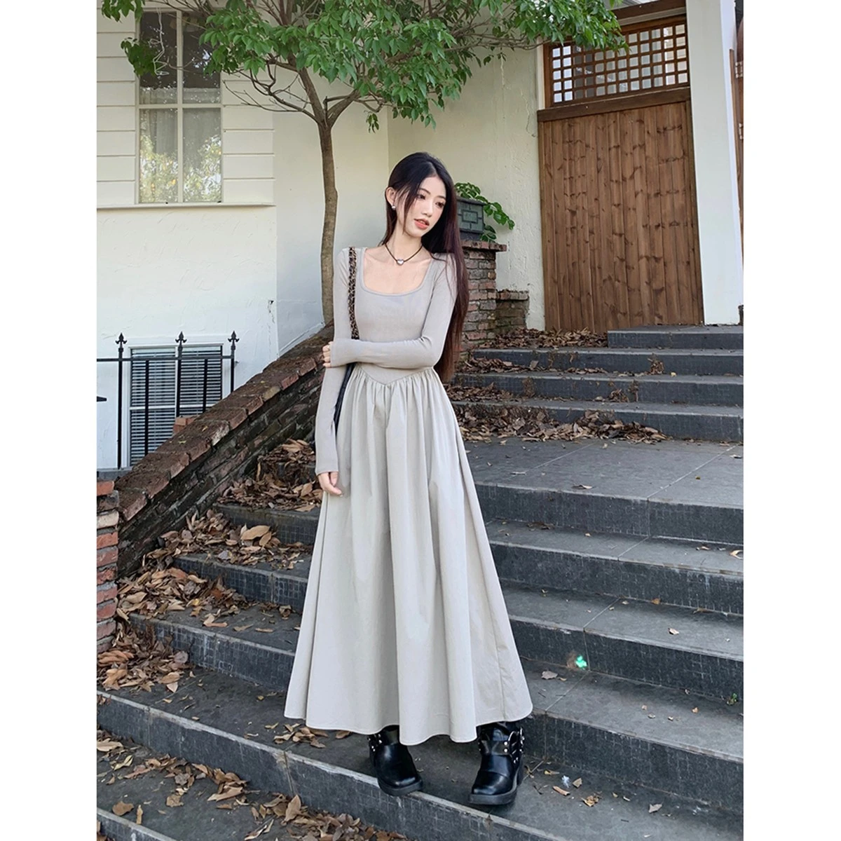 فساتين نسائية بأكمام طويلة فستان وصيفة العروس للربيع أشرطة من الساتان مزين بخصر ملتوي كبير الحجم طراز فرنسي أنيق بسيط #1