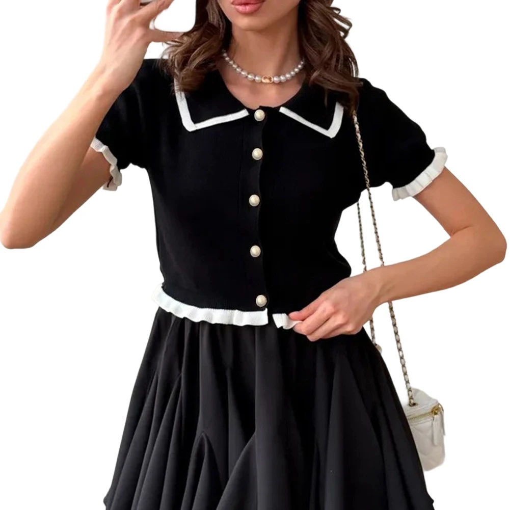 Knitted Button Front Cardigan Top for Women Featuring Short Sleeves Lapel Neckline and Minimalist Patchwork Construction